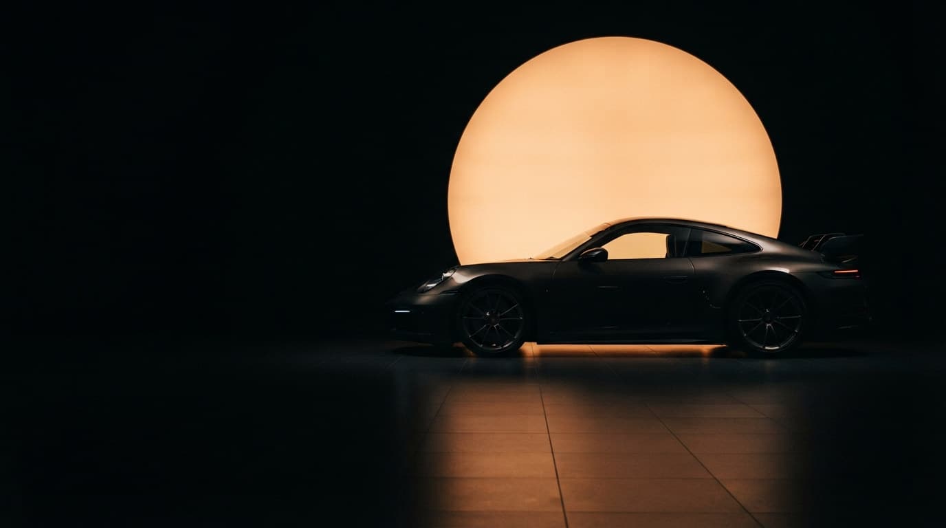 The same performance car in the darkened showroom, seen in full side profile against the disc of warm amber light