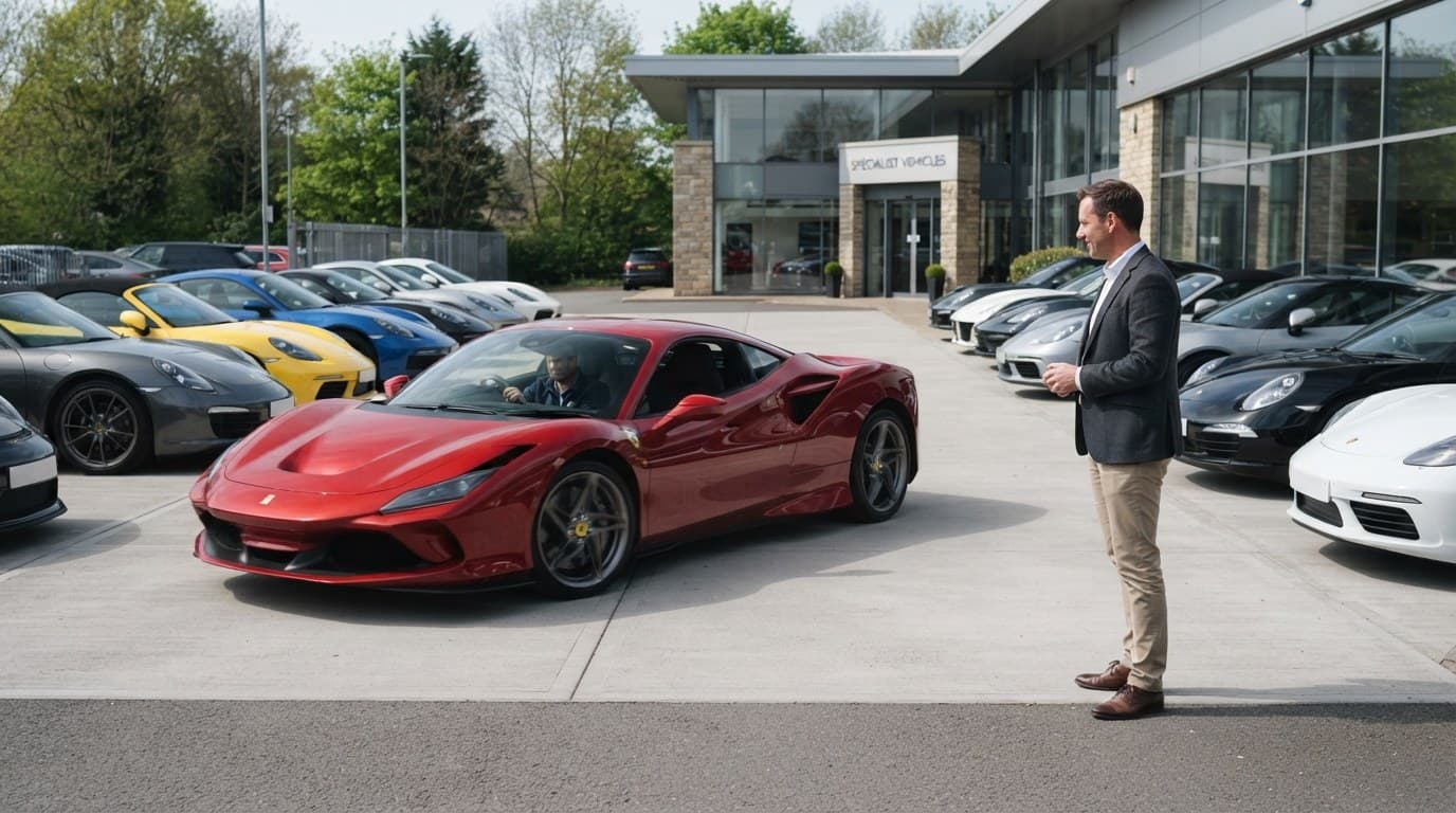 A performance car being driven onto a dealership forecourt in morning light, the dealer standing waiting to receive it